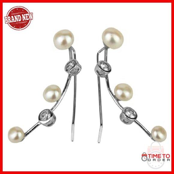 Sterling Silver Dangling CZ Pearl Ear Crawler Climber Stud Earrings